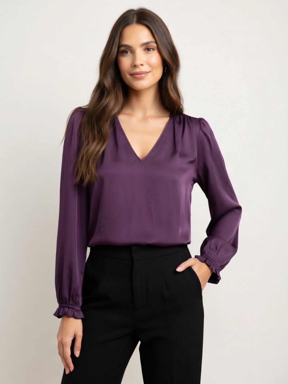 Satin Women's V-Neck Long-Sleeve Blouse in Deep Plum Size XL